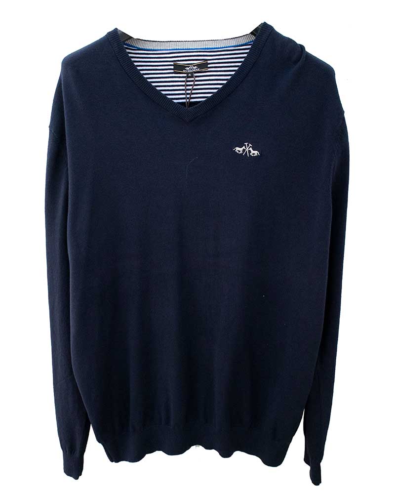 Pull fin en maille bleu marine avec coudières beige pour homme Bailey - HV Polo