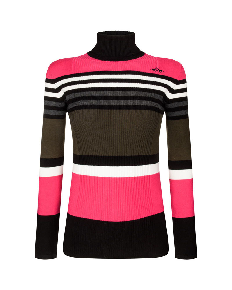 Fine knit high-neck sweater with fuchsia and black striped design for women Ofelia - HV Polo