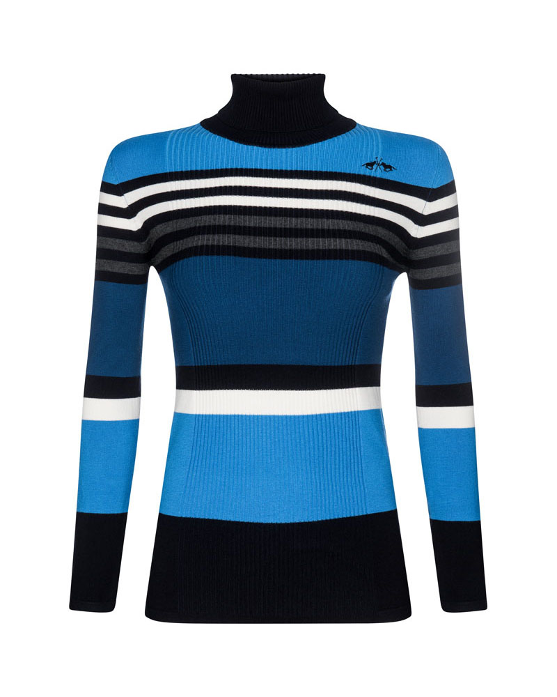 Fine knit high-neck sweater with blue striped design for women Ofelia - HV Polo