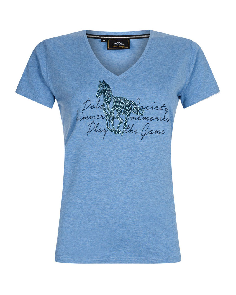 T-shirt bleu clair à manches courtes avec col en V et à strass pour fille - Charon - HV Polo