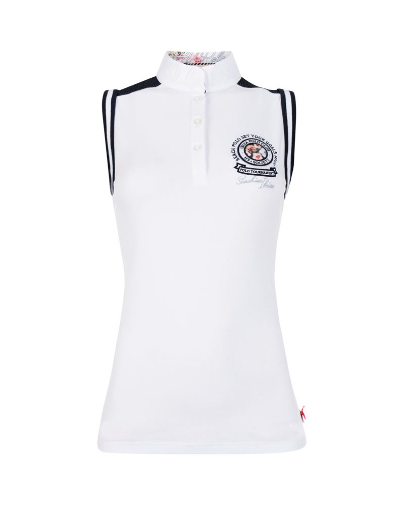 Polo de concurso blanco con hombros de rejilla azul marino y sin mangas de mujer modelo Lori - HV Polo