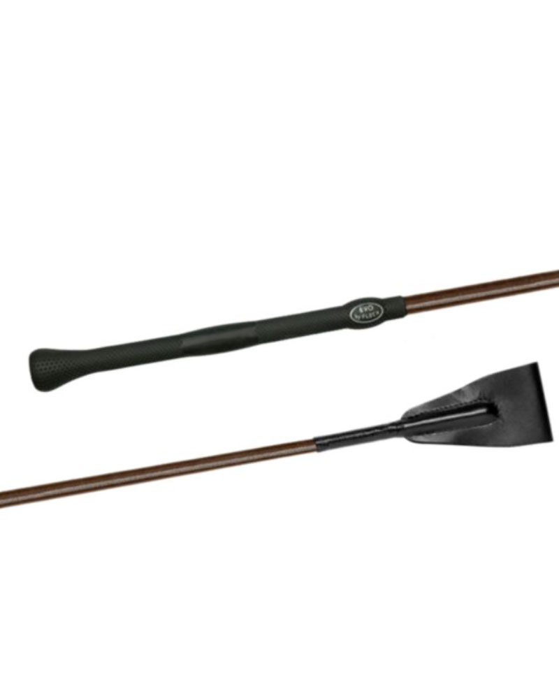 Brown jumping crop (60cm) with rubber handle and EVO-GRIP leather tab - Fleck
