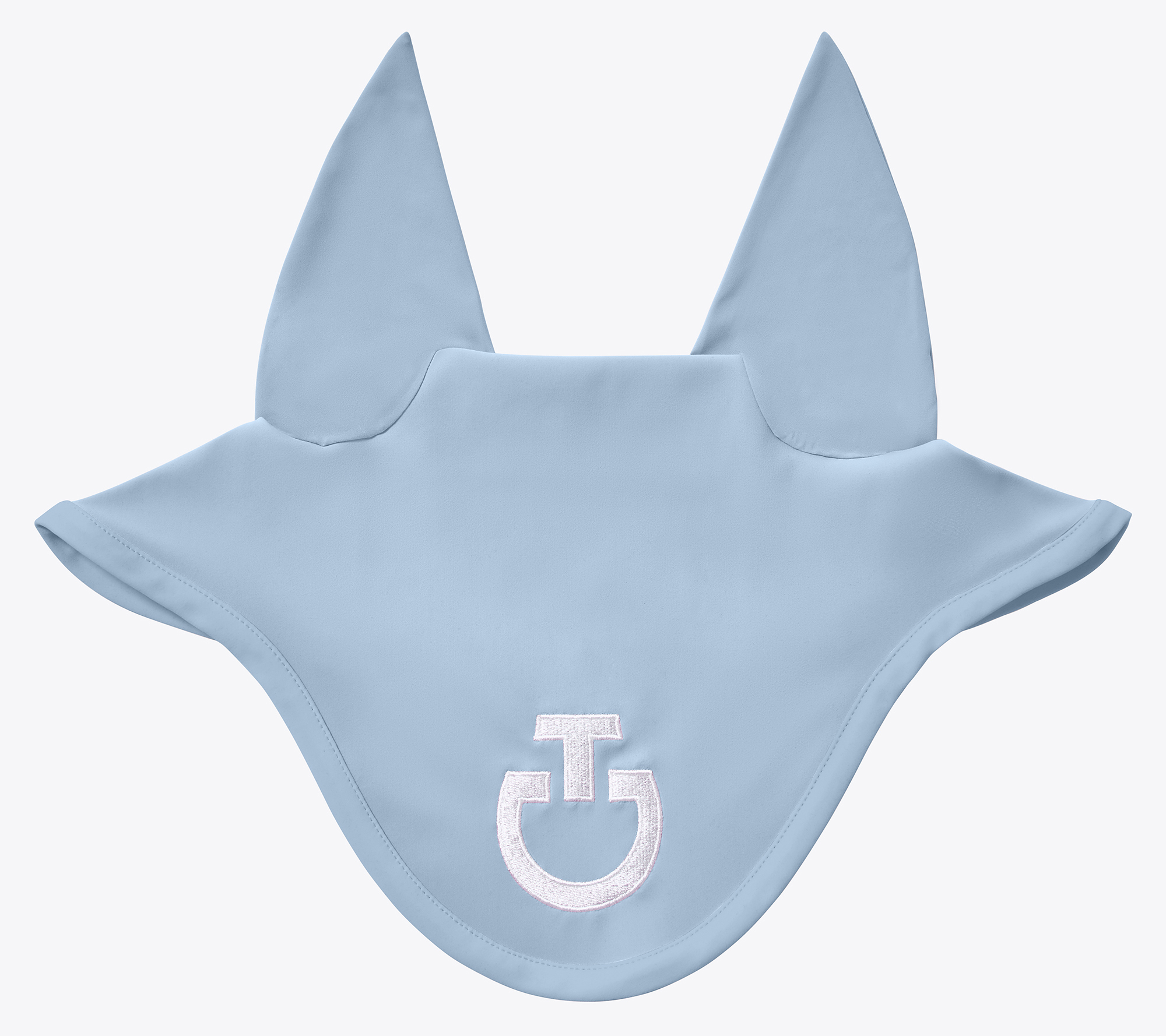 Light blue (Blue Mist) ear bonnet with white logo and fine elastic ears for horse and pony - Cavalleria Toscana