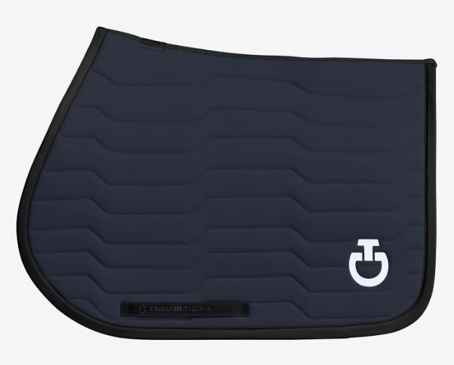 Dark Navy Jumping Saddle Pad with Horizontal Technical Padding and White Logo for Horse – Revolution - Cavalleria Toscana