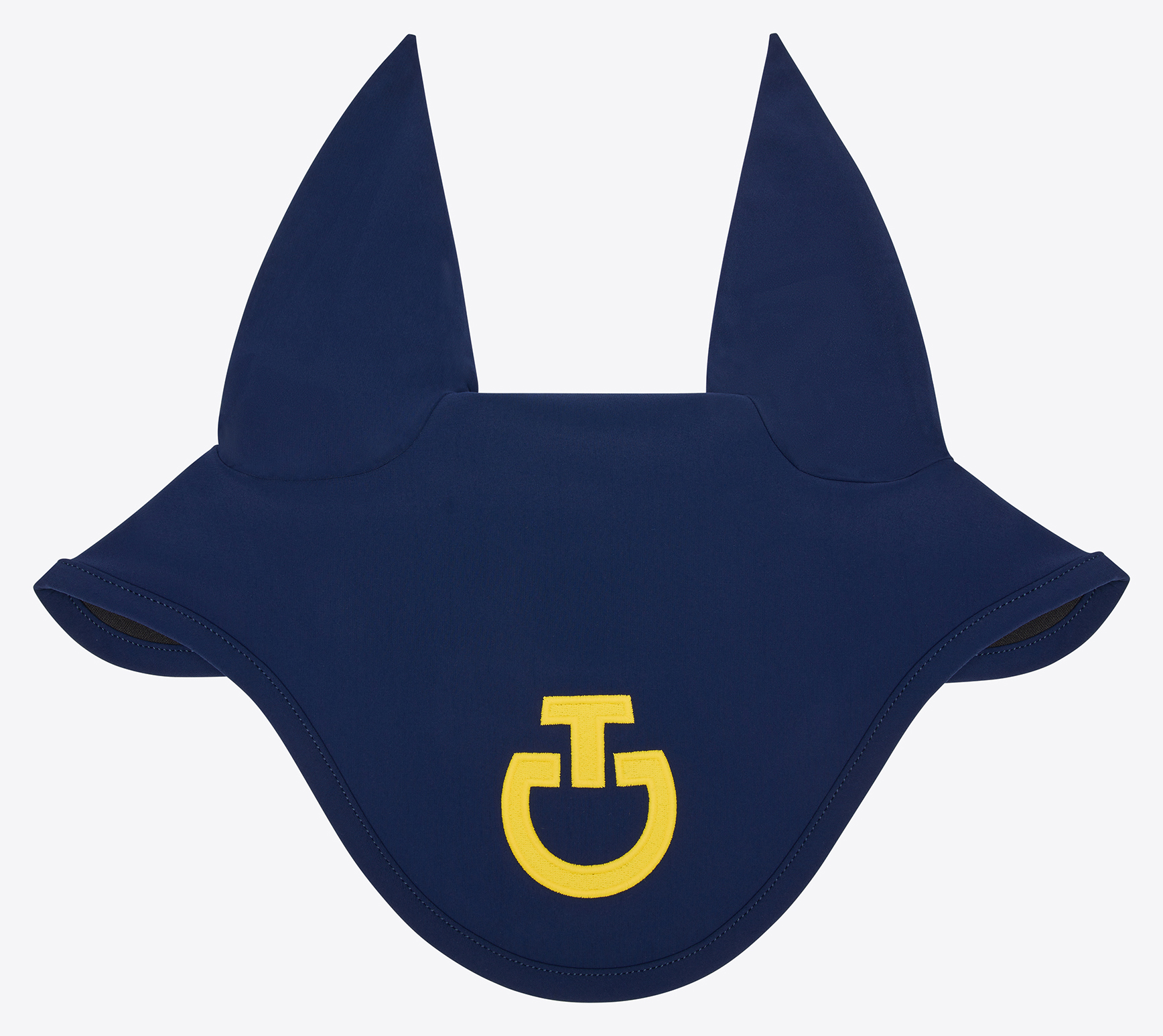 Indigo blue ear bonnet with yellow logo and fine elastic ears for horse and pony - Cavalleria Toscana