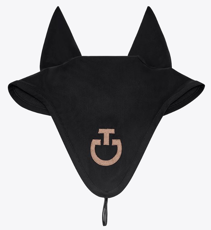 Bonnet long anti-bruit noir avec logo brodé marron clair pour cheval - Cavalleria Toscana