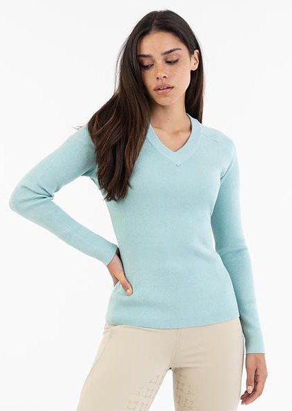 Light blue fine knit sweater for women with silver glitter print and V-neck - Anky