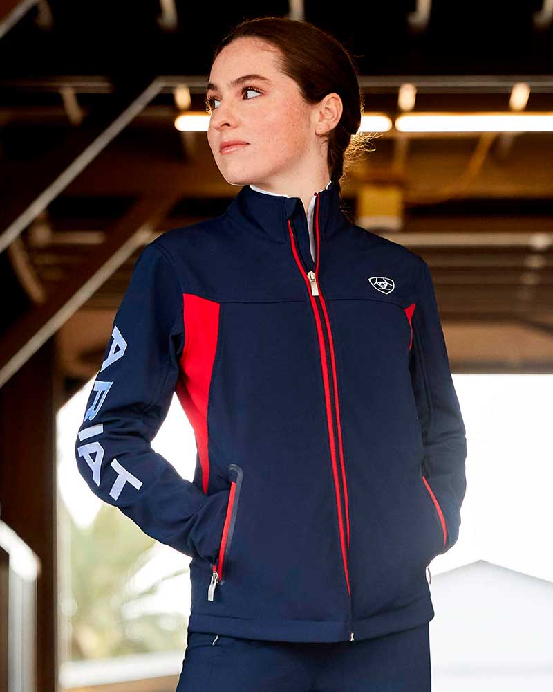 Veste softshell imperméable bleu marine et rouge pour femme New team - Ariat