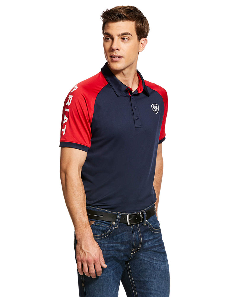 Navy blue and red short-sleeve polo with white logo on the upper right front for men, Team model - Ariat