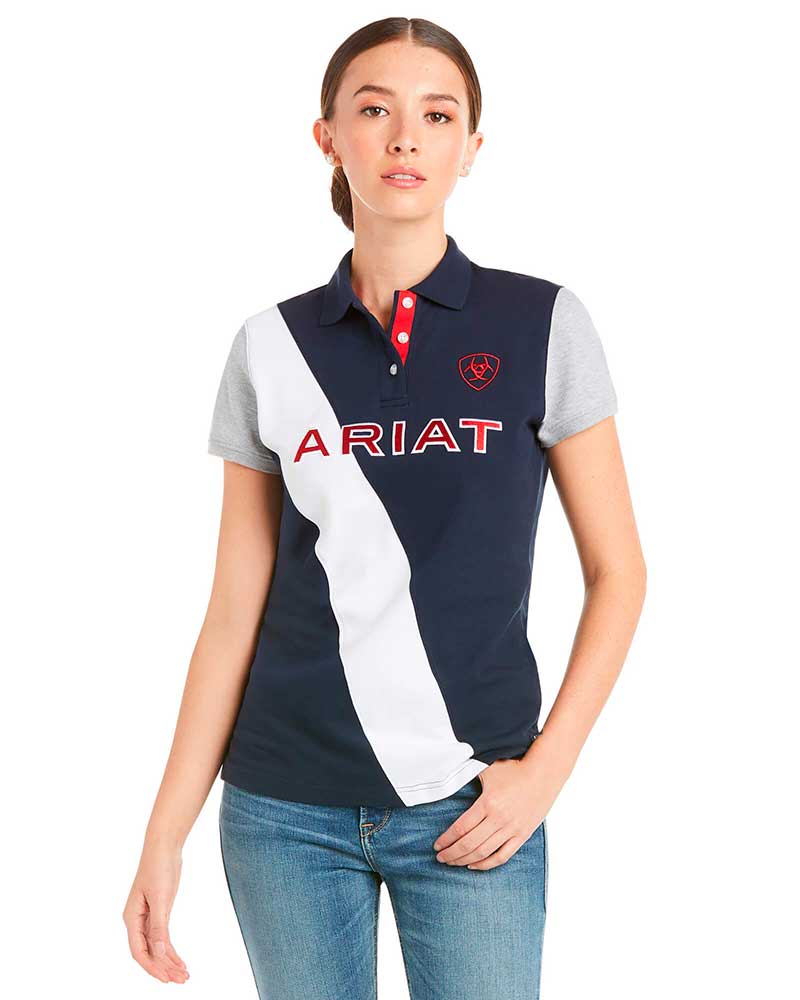 Polo en piqué à manches courtes bleu marine, blanc et gris pour femme Taryn - Ariat