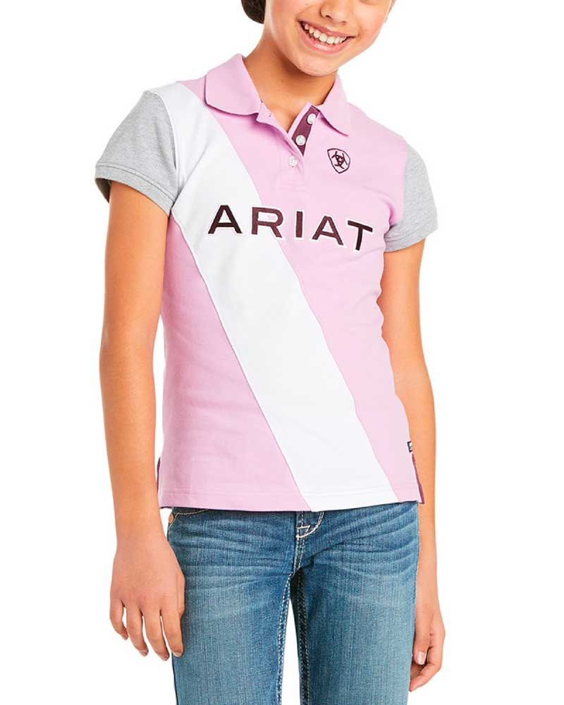 Lilac/light pink, white &amp; grey short-sleeve piqué polo for girls – Taryn - Ariat