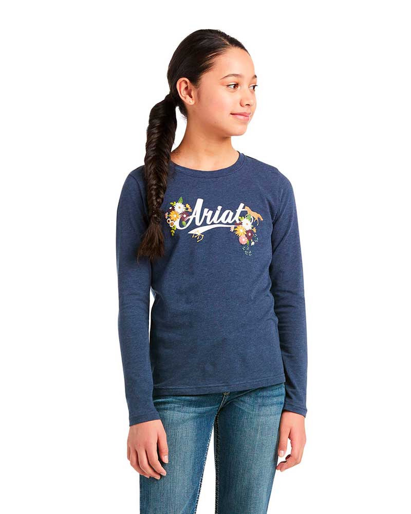 Camiseta de de manga larga azul marino con flores para niña Flora Fauna - Ariat