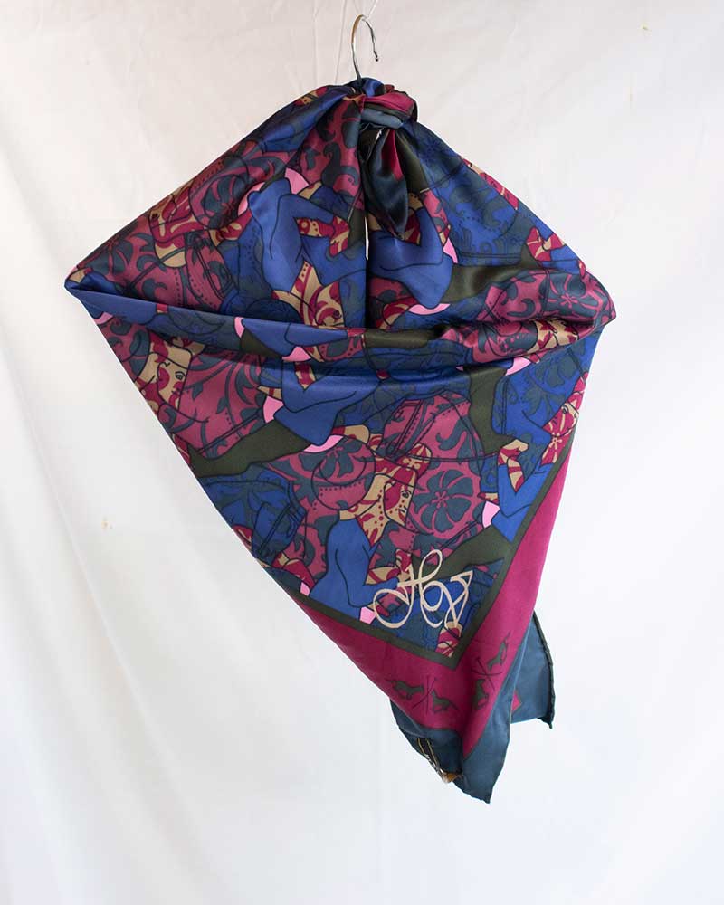 Silky-touch scarf 90x90cm with equestrian motifs in pink, navy blue, beige, and black – Annan - HV Polo