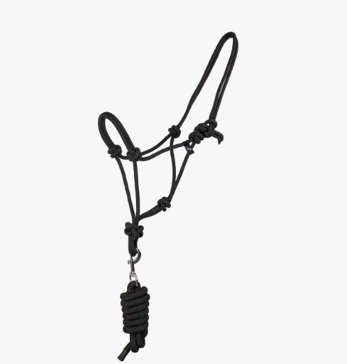 Licol d'écurie noir en corde et avec longe pour cheval - QHP