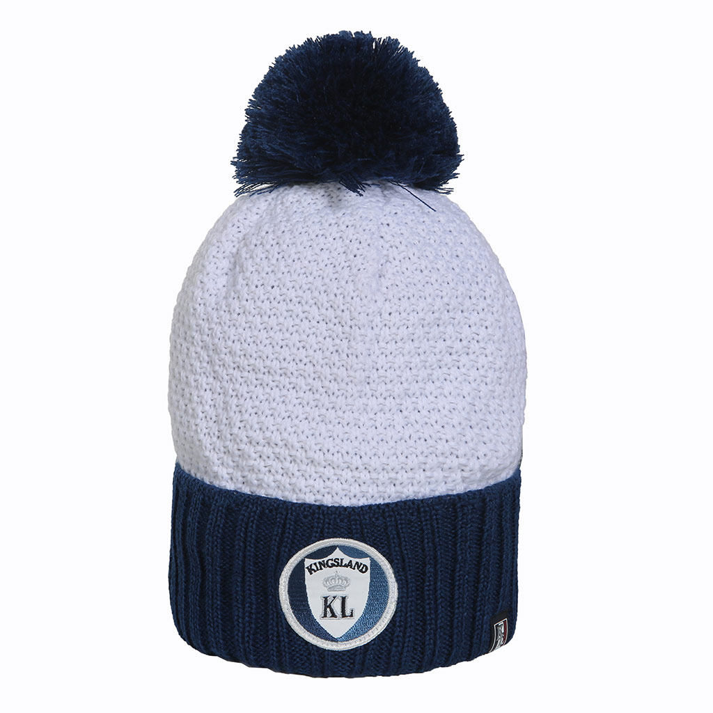 White and navy blue knitted beanie with pompom and fleece lining – Casey - Kingsland