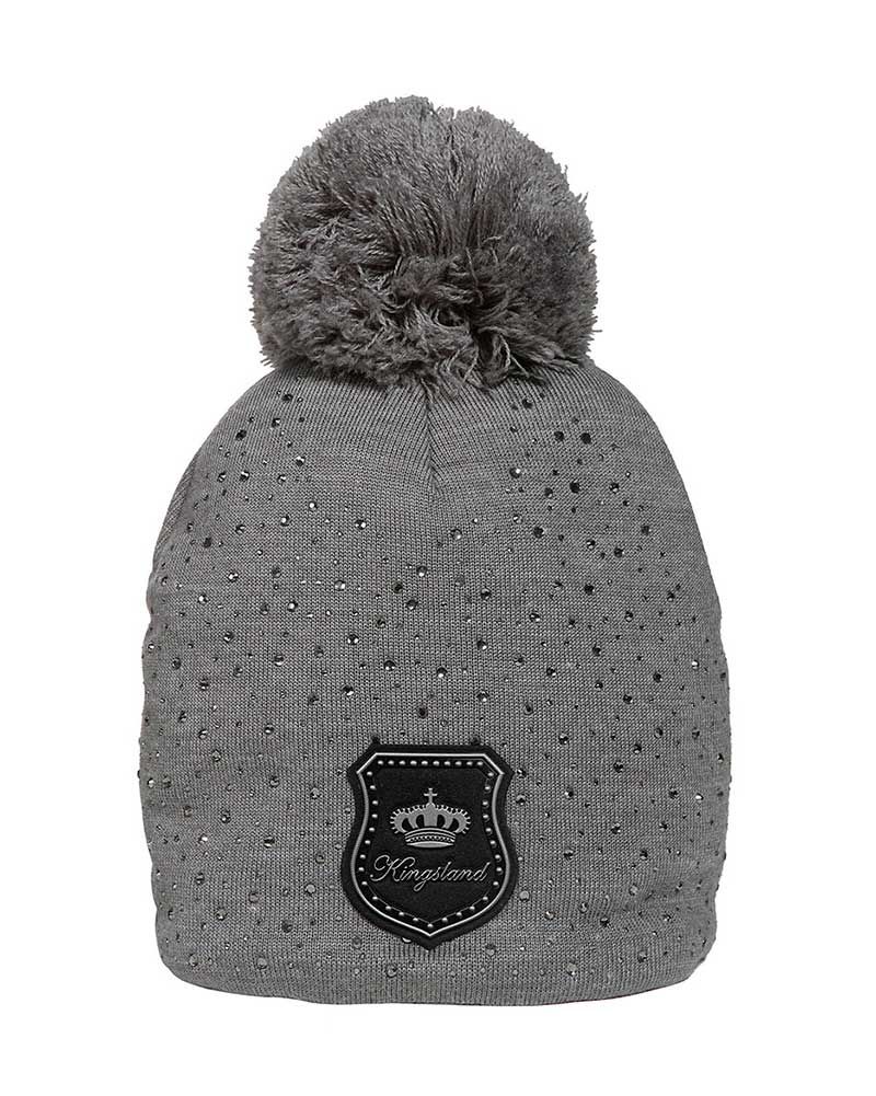 Thin grey knit beanie with pompom, rhinestones, and fleece lining – Craignure - Kingsland