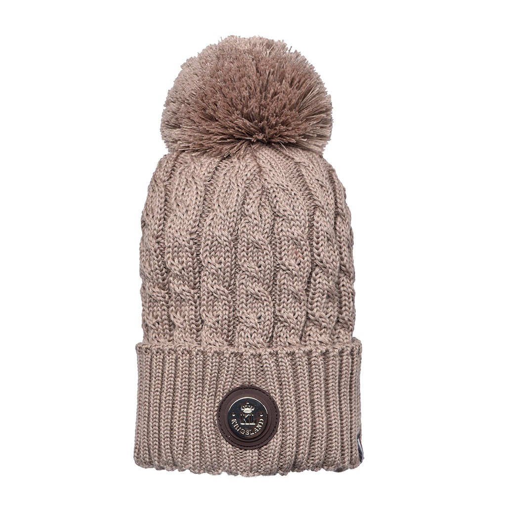 Light Brown Cable Knit Wool Hat with Pompom and Fleece Lining – Seldovia - Kingsland