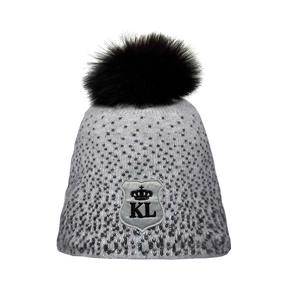 Light Gray and Black Fine Knit Hat with Pompom, Rhinestones &amp; Fleece Lining – Chignik - Kingsland