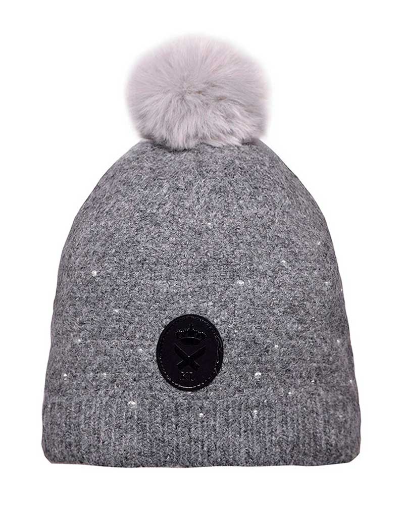 Thick grey knitted beanie with pompom and rhinestones - Nakina - Kingsland Dressage
