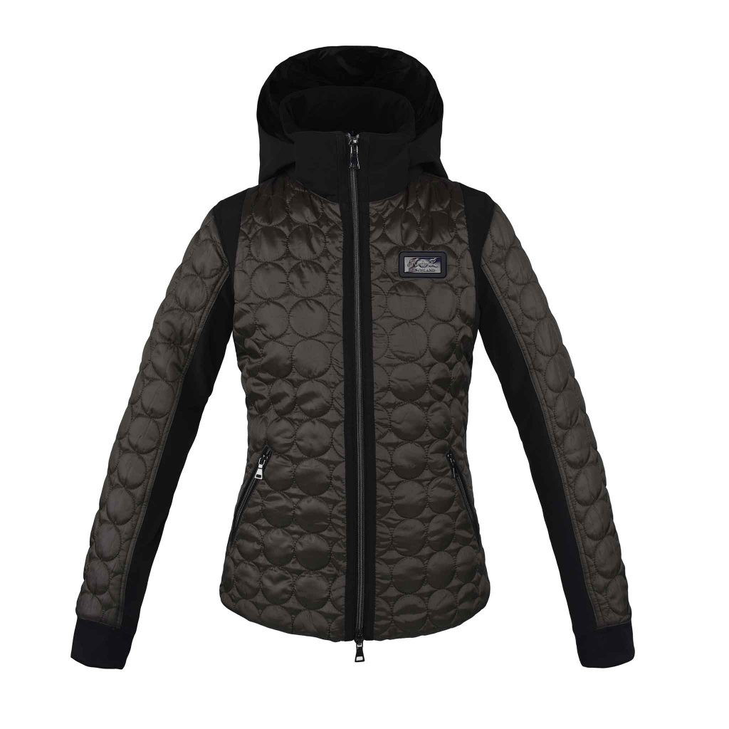 Veste matelassée gris foncé verdâtre et noire à col haut et capuche pour femme modèle Ellison - Kingsland