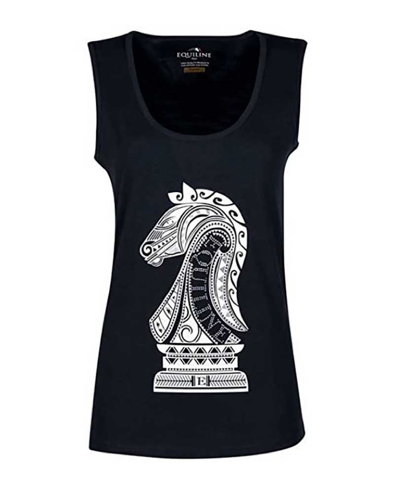 Sleeveless black t-shirt with illustration and rhinestones for women Pearl - Equiline
