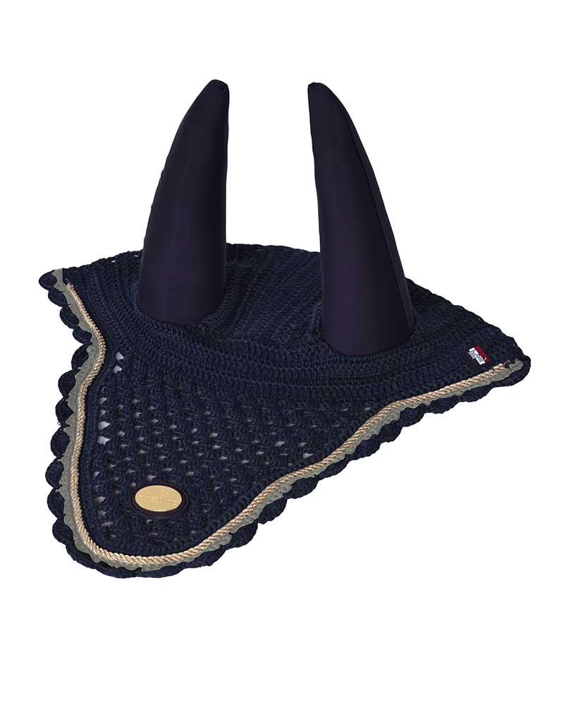 Navy blue and gold crochet ear bonnet with elastic ears for horse – Nue - Kingsland
