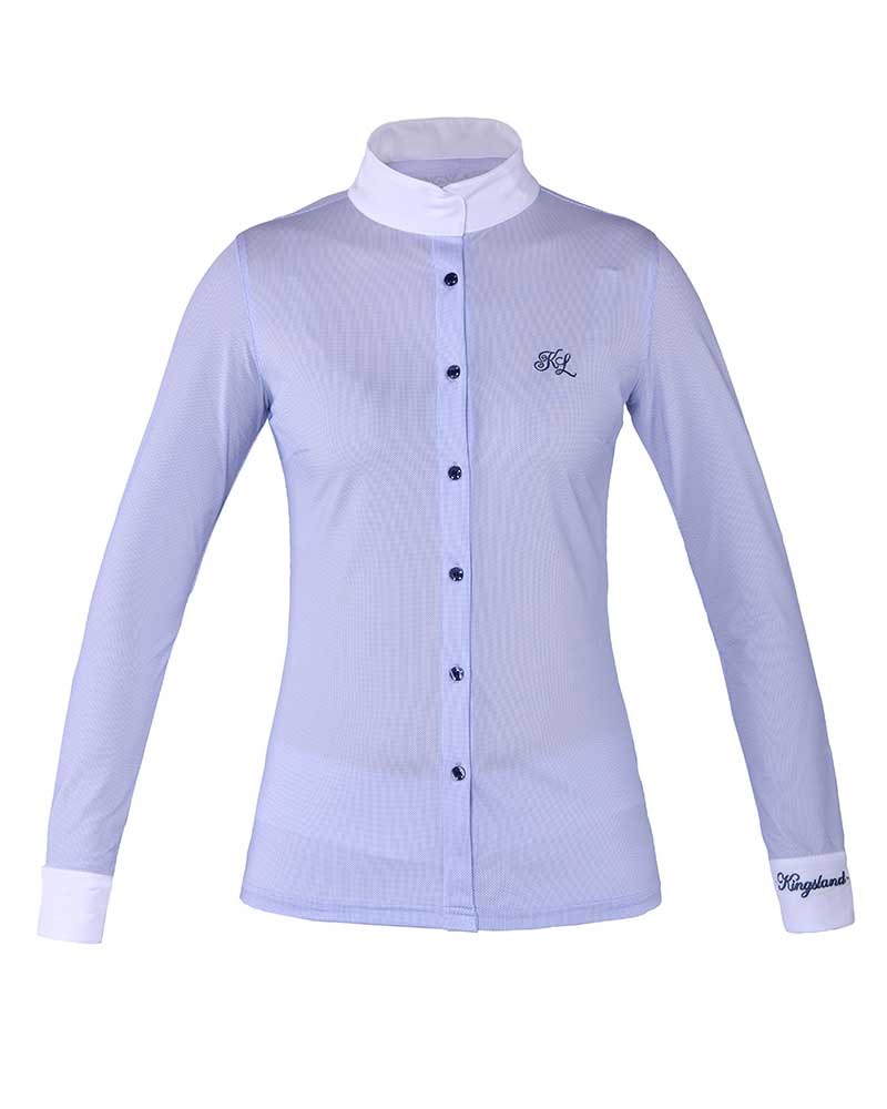 Long-sleeved white competition shirt with blue polka dots for woman – Fortuna model - Kingsland