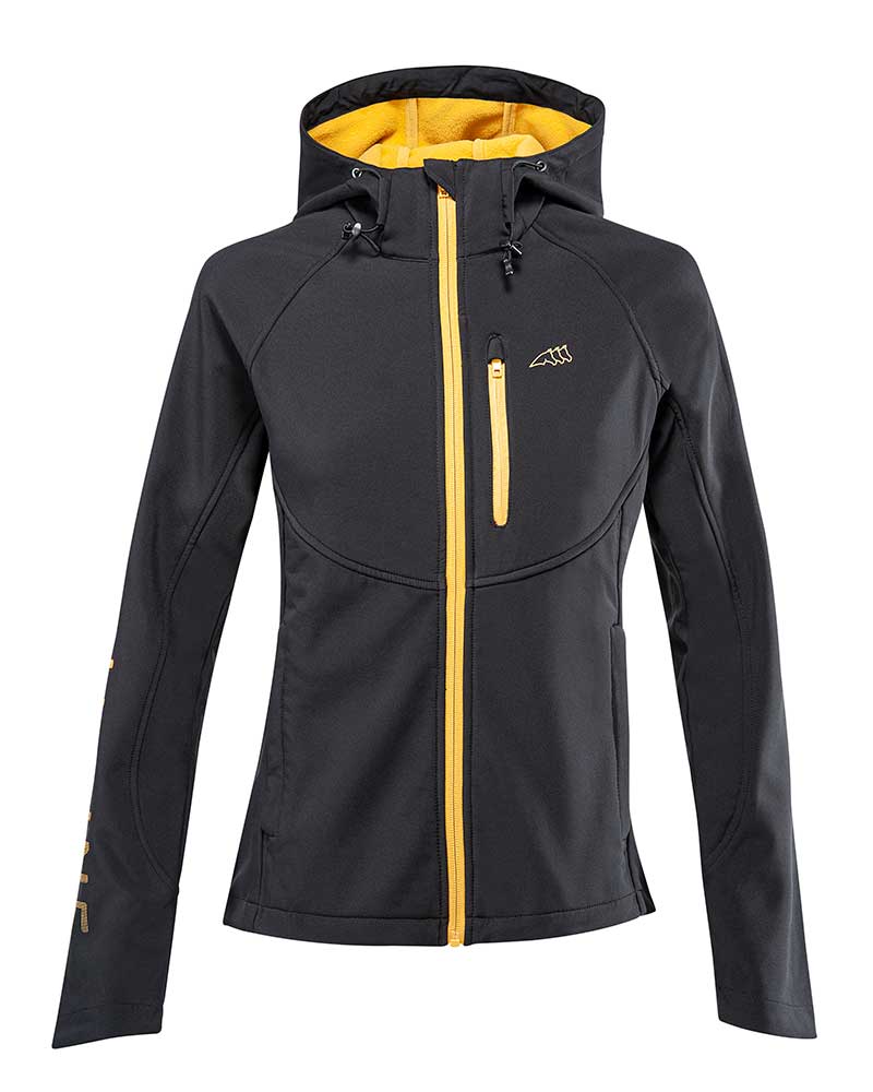 Women’s black and mustard softshell jacket with hood – Raisa - Equiline