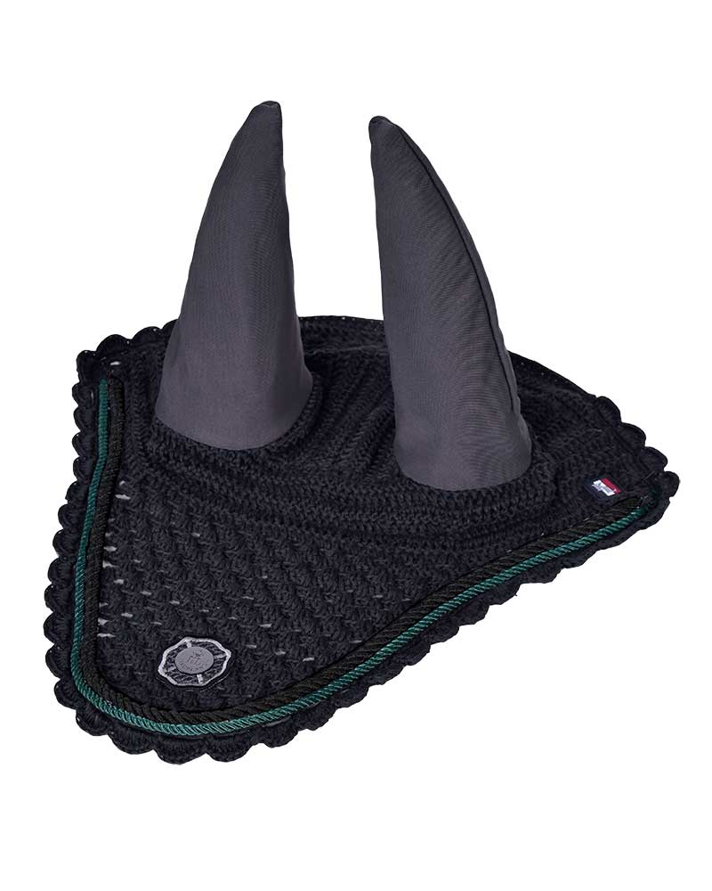 Orejeras de crochet gris oscuro y cordón verde con orejas elásticas para caballo KLambler - Kingsland