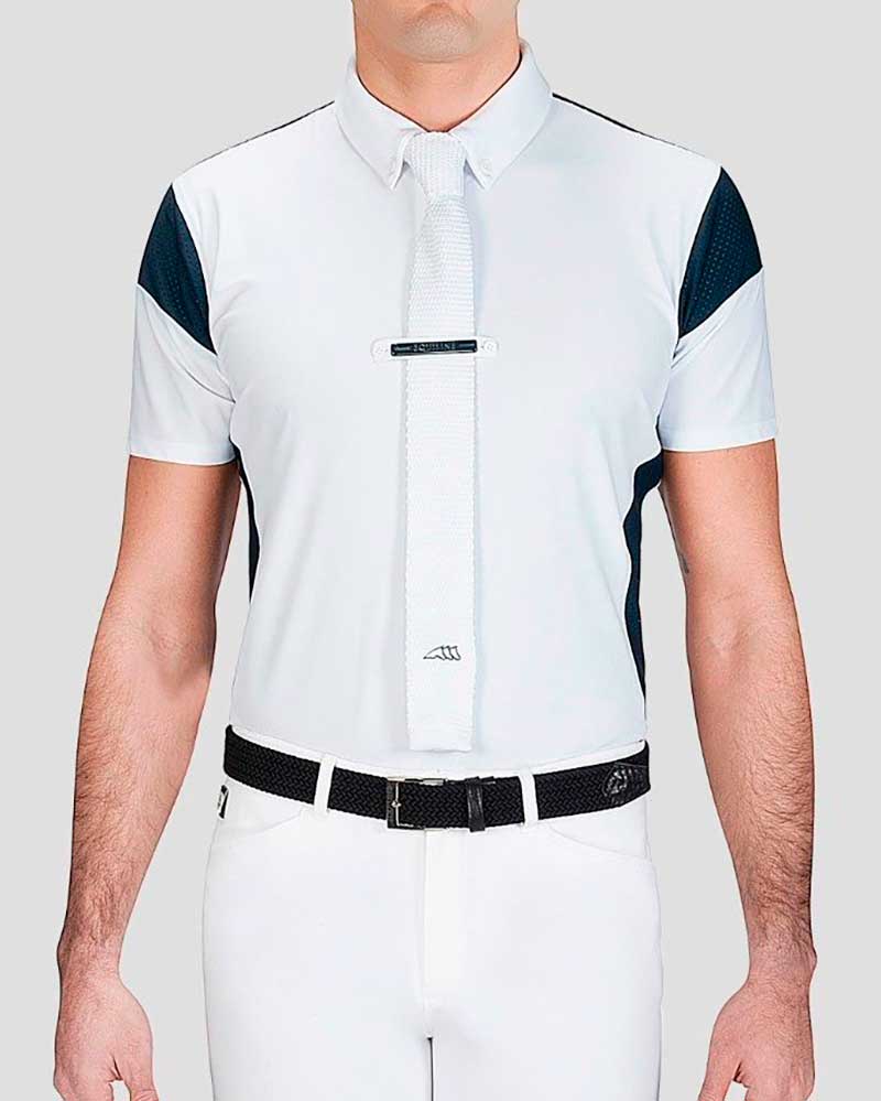 Men’s short-sleeved white competition polo shirt with navy mesh – Siamon - Equiline