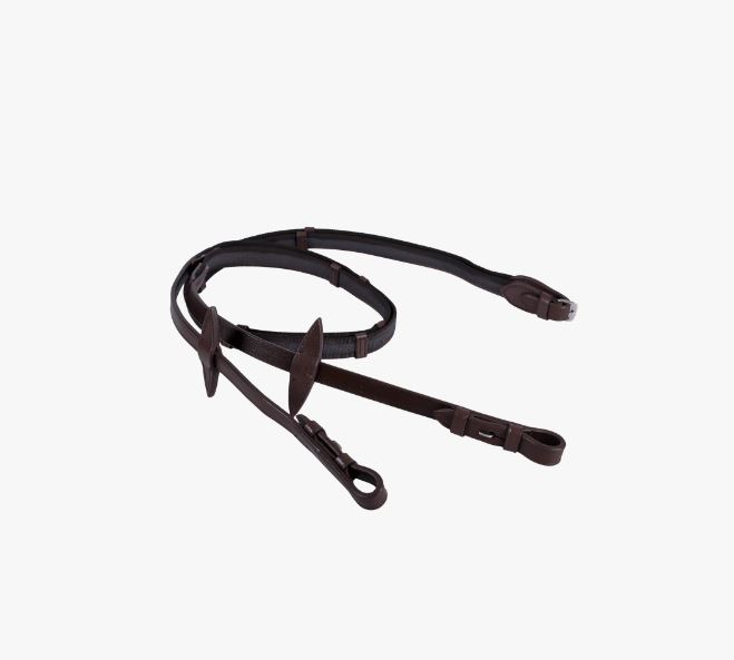 Brown rubberized canvas reins with stops for horse and pony - QHP