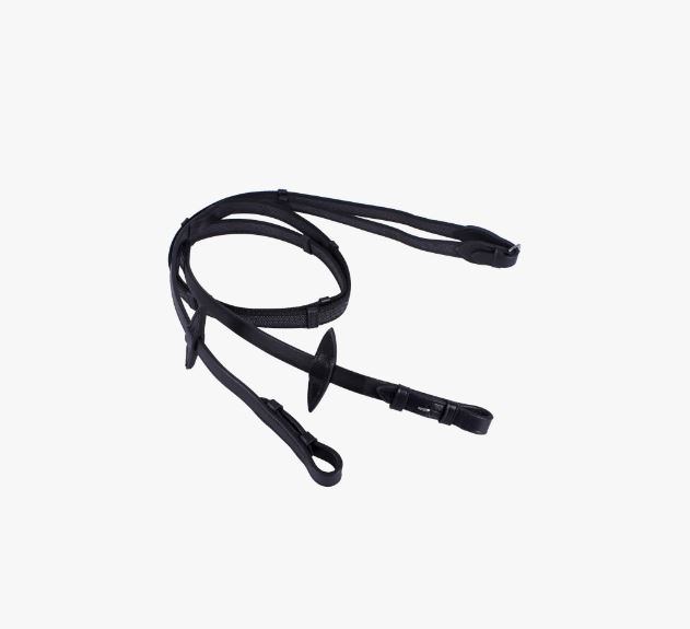 Black rubberized canvas reins with stops for horse and pony - QHP
