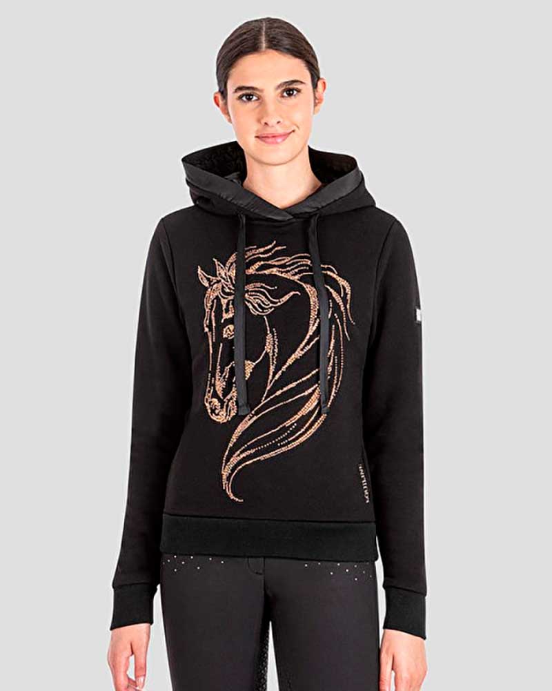 Women’s black fleece sweatshirt with hood and bronze rhinestones – Glamour - Equiline