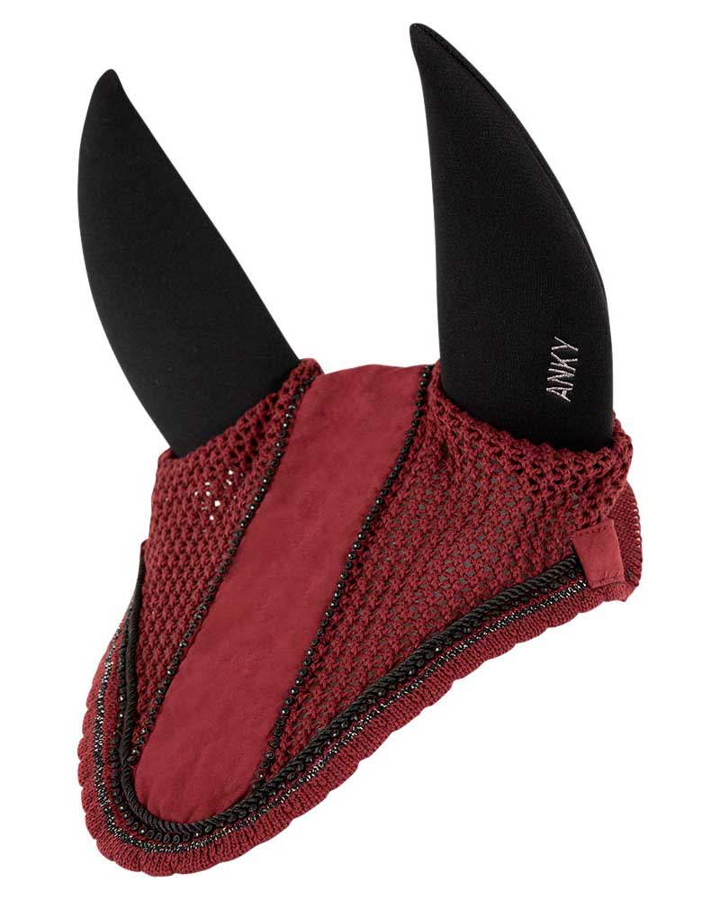 Bonnet bordeaux (tawny port) à strass et oreilles anti-bruit pour cheval (cob et/ou full) - Anky
