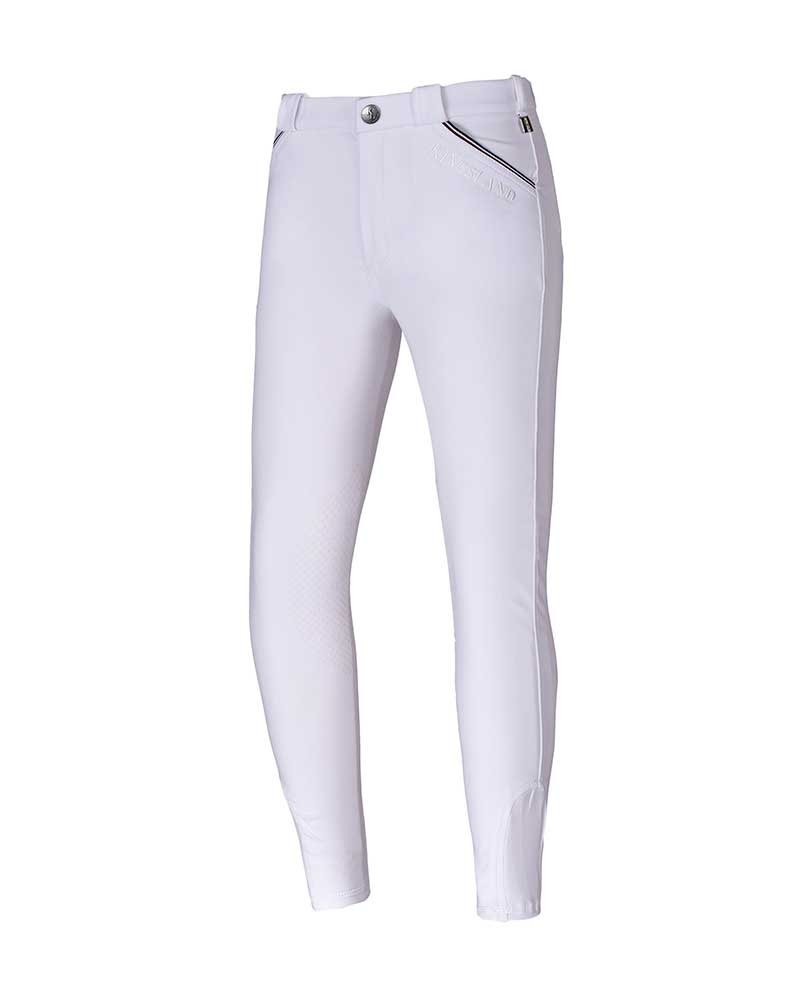 White Junior Unisex Competition Breeches with Tricolor Trim and Knee Grip KLkonrad - Kingsland