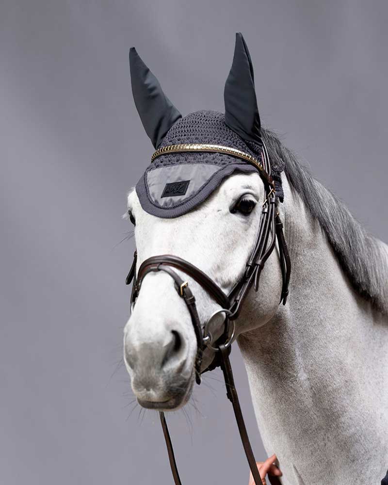Grey Crochet Ear Bonnet with Silk and Elastic Ears for Horse (Full &amp; Cob) KLnixe - Kingsland