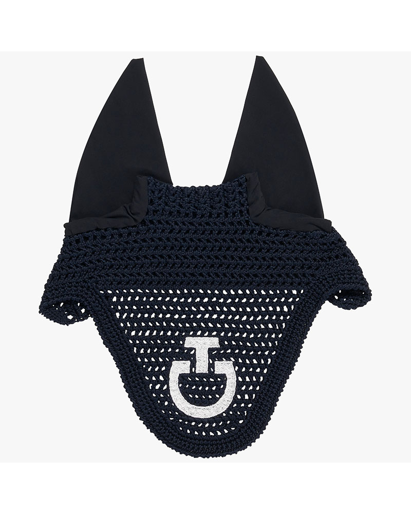 Orejeras de crochet azul marino con logo blanco con orejas finas elásticas para caballo y pony - Cavalleria Toscana