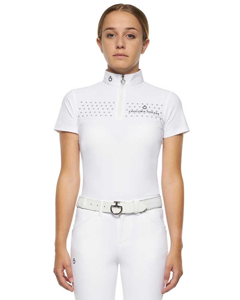Polo de compétition à manches courtes blanc à pois bleu clair pour fille - Cavalleria Toscana