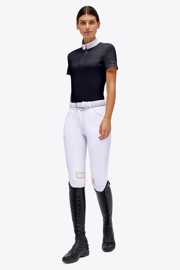 Polo de concours manches courtes bleu marine zippé à empiècements mesh pour femme - RG