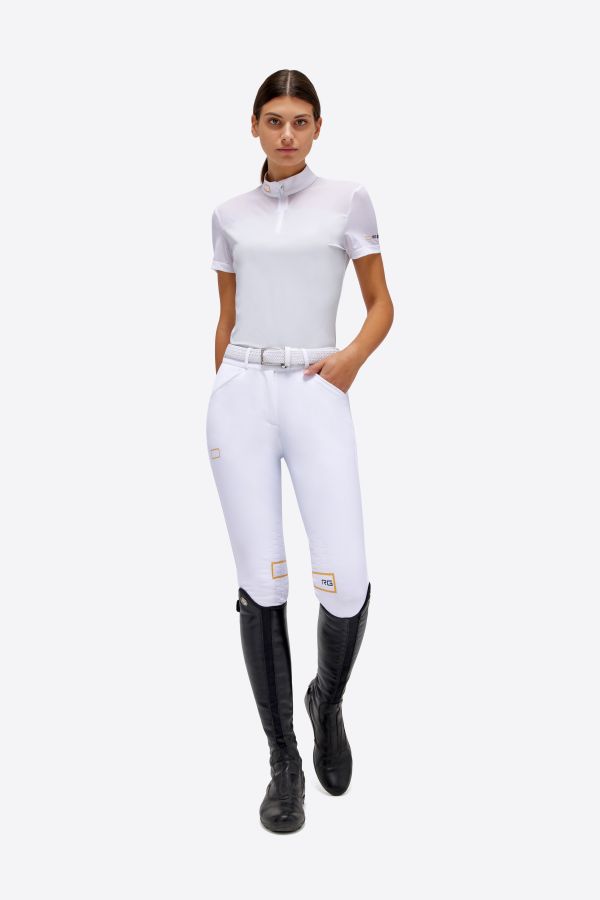 Polo de concours manches courtes blanc et gris zippé à empiècements mesh pour femme - RG
