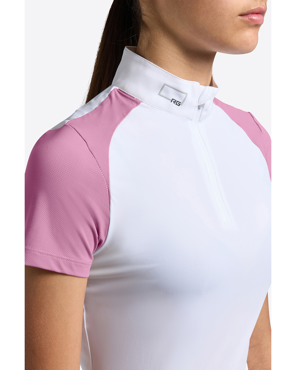 Chemise de concours manches courtes blanc et rose en jersey micro-perforé pour fille - RG