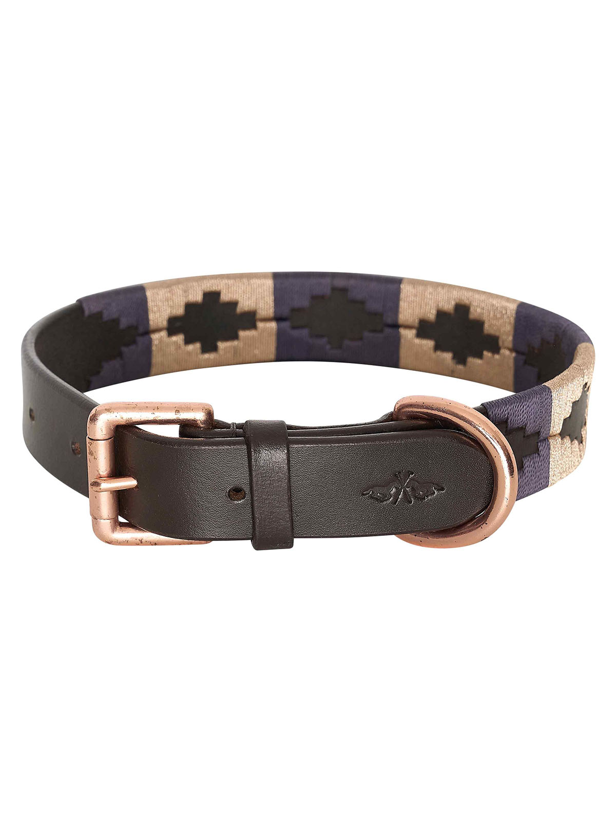 Collar para perro de cuero marron y bordado color marron claro y azul marino - HV Polo