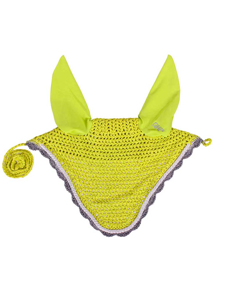 Lime green crochet ear bonnet with silver and brown details for horse and pony - QHP