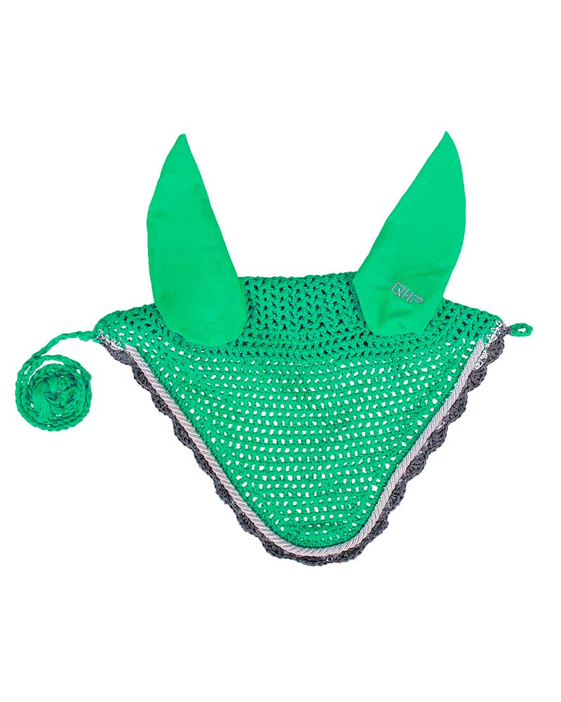 Orejeras de crochet verde con detalles en plata y gris para caballo y pony - QHP