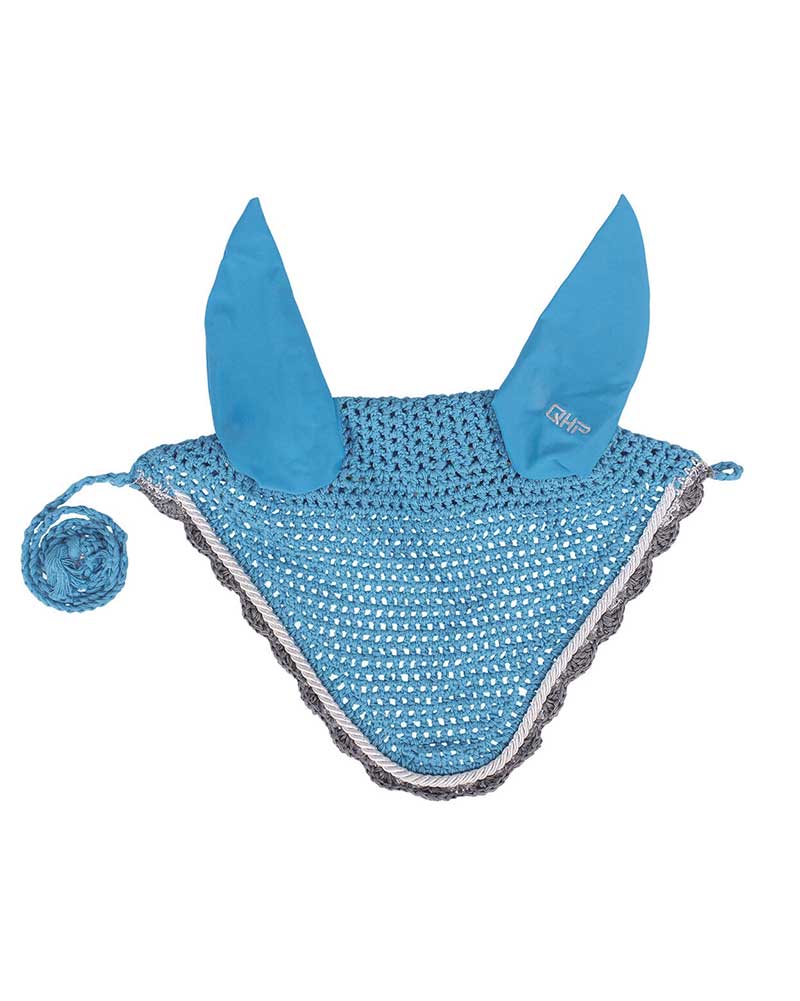 Bonnet en crochet bleu clair avec détails argent et taupe pour cheval et poney - QHP
