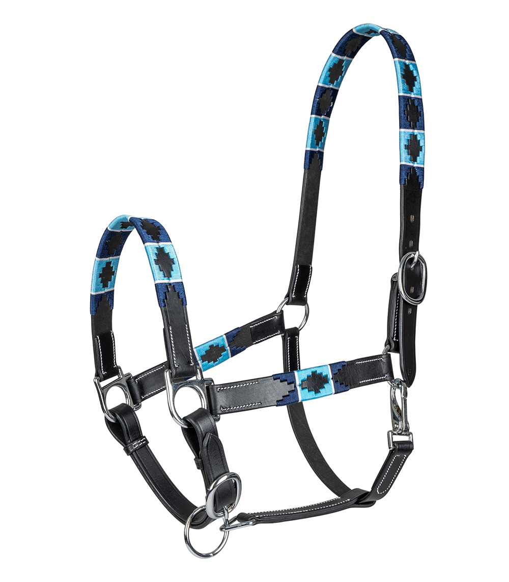 Cabezada de cuadra en cuero negro con bordado azul, blanco y azul marino para caballo - Waldhausen