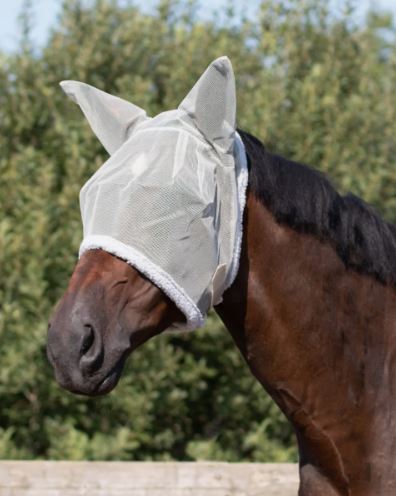 Mesh fly mask with gray hearing protection for horses and ponies - QHP