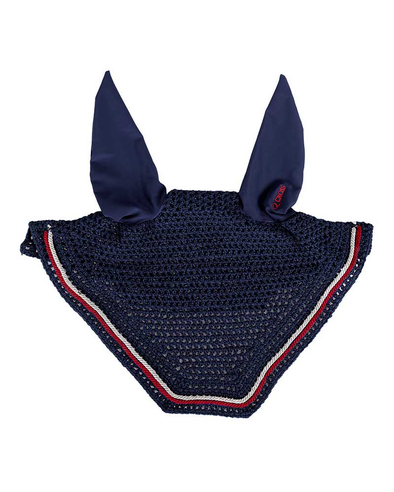 Navy, white and red crochet ear muffs with elastic ears for horse and pony - QHP