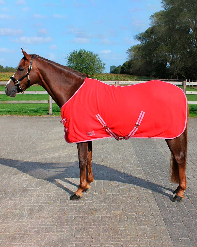 Red drying fleece rug with cross surcingles for pony - QHP