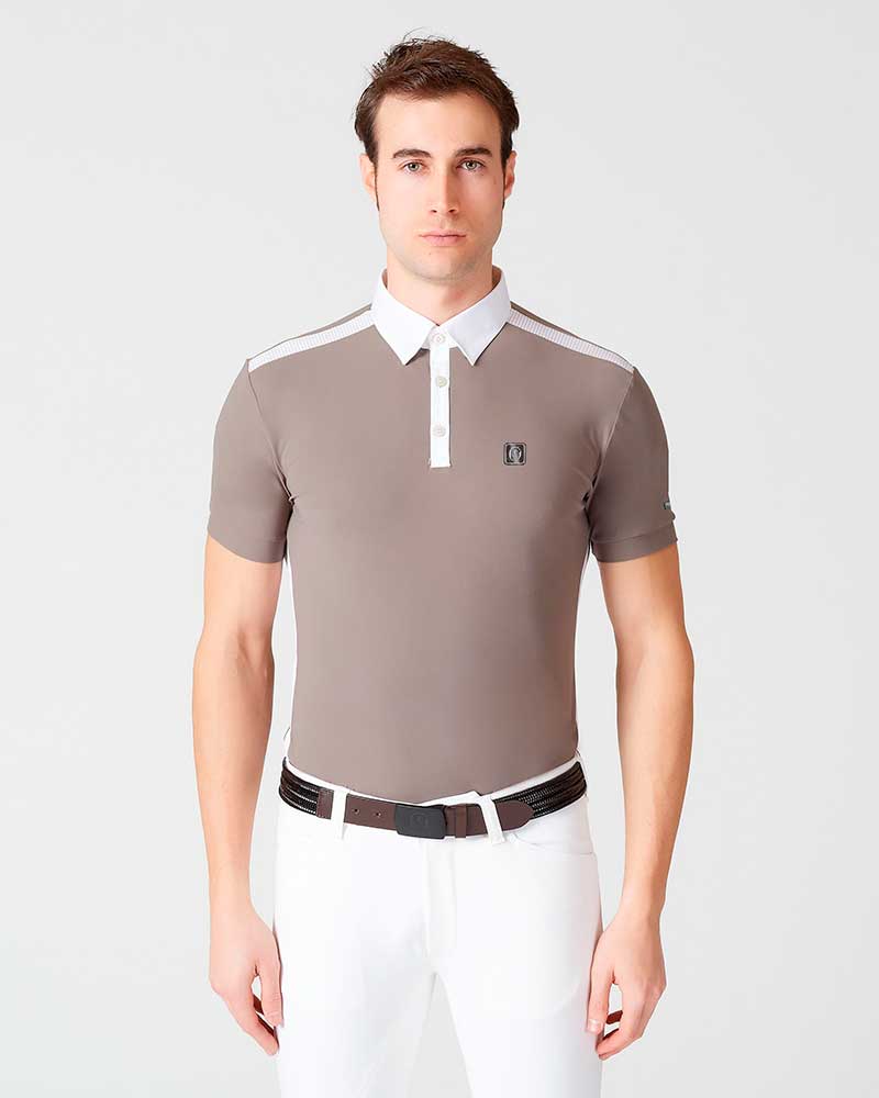 Short-sleeve dark beige polo with white mesh for men Sassari - Vestrum